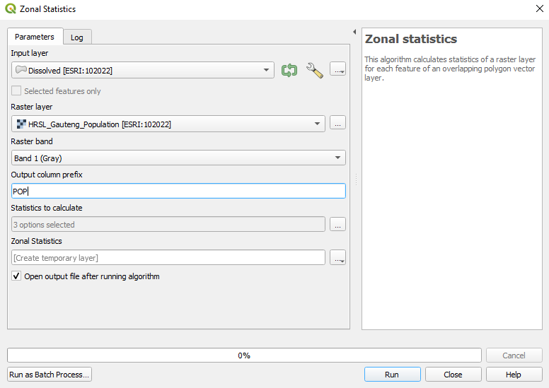 Setting the parameters for Zonal Statistics