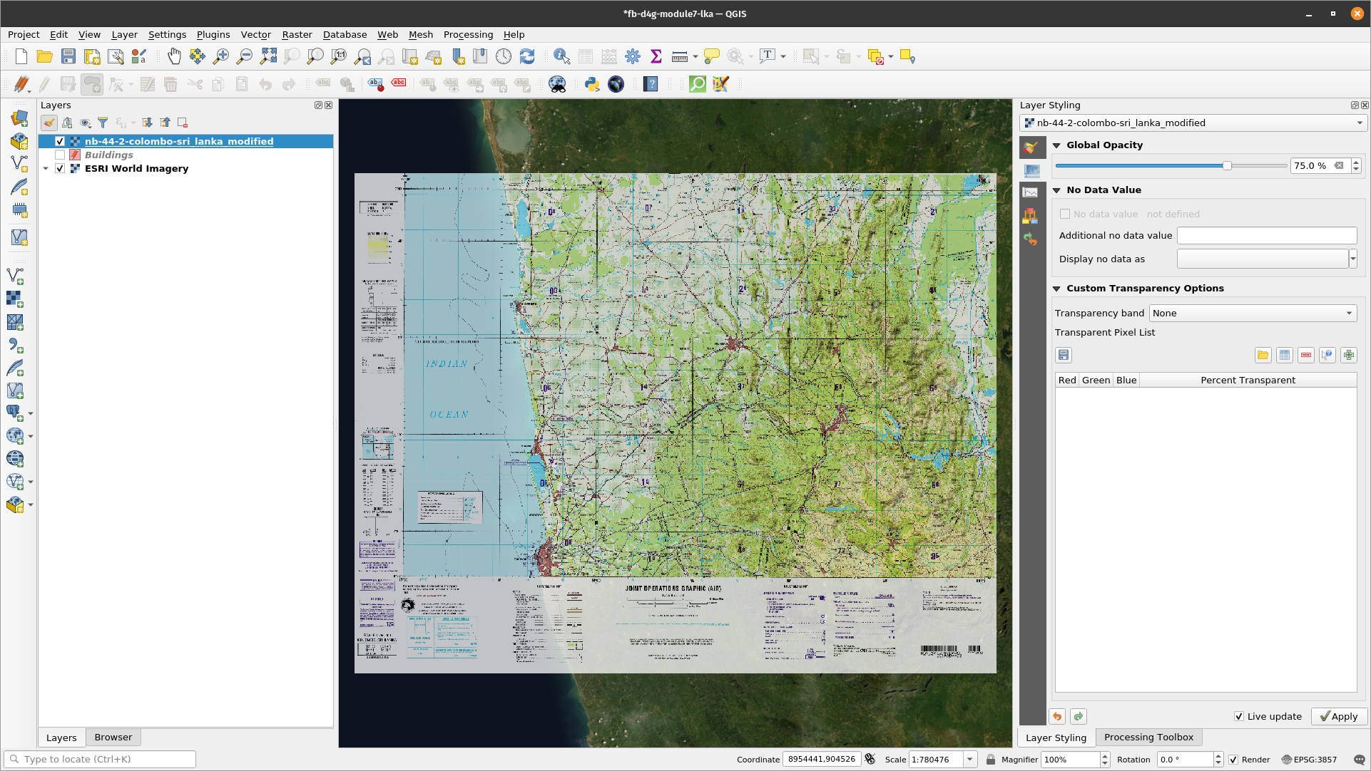 Georeferenced map loaded in QGIS