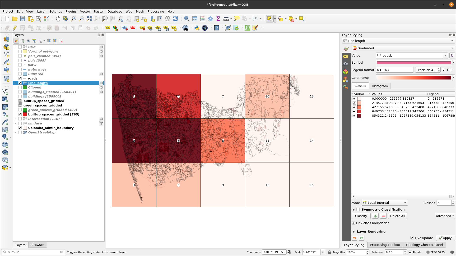 Spatial distribution of 10X10km units with most roads