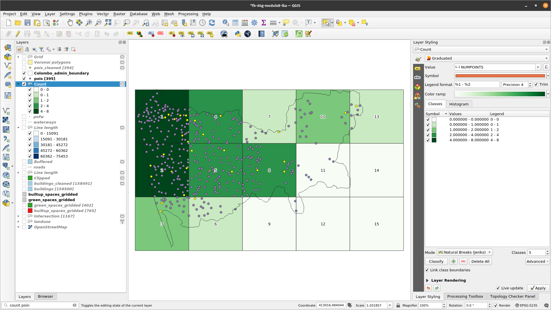 Spatial distribution of towns and cities POIs density per unit 10X10km