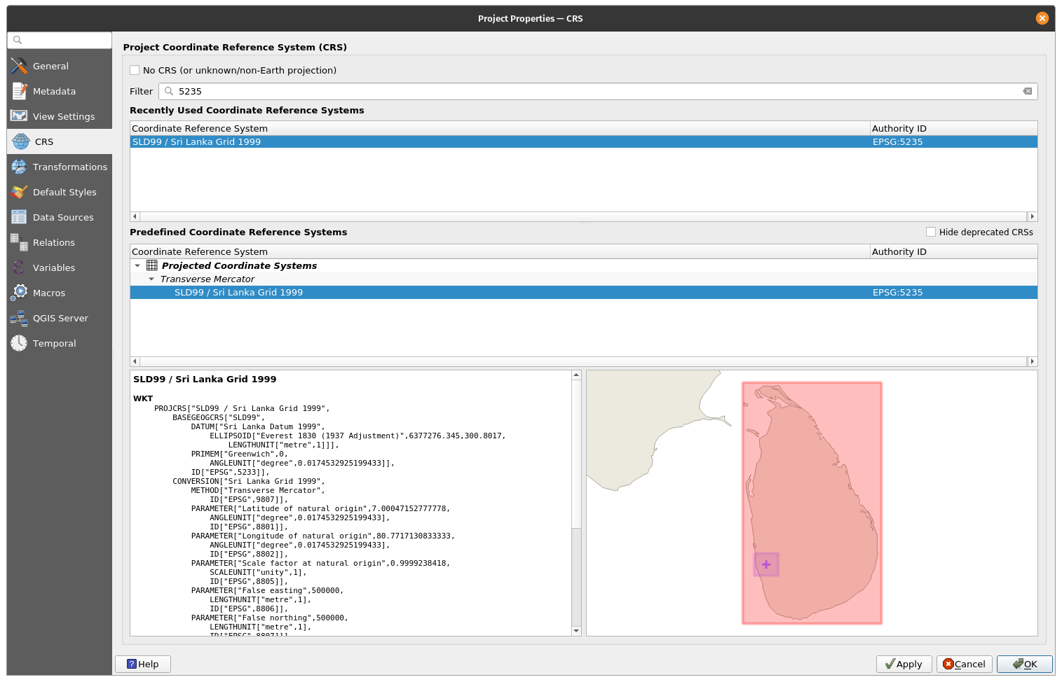 Specifications of the coordinate reference system used in the QGIS project