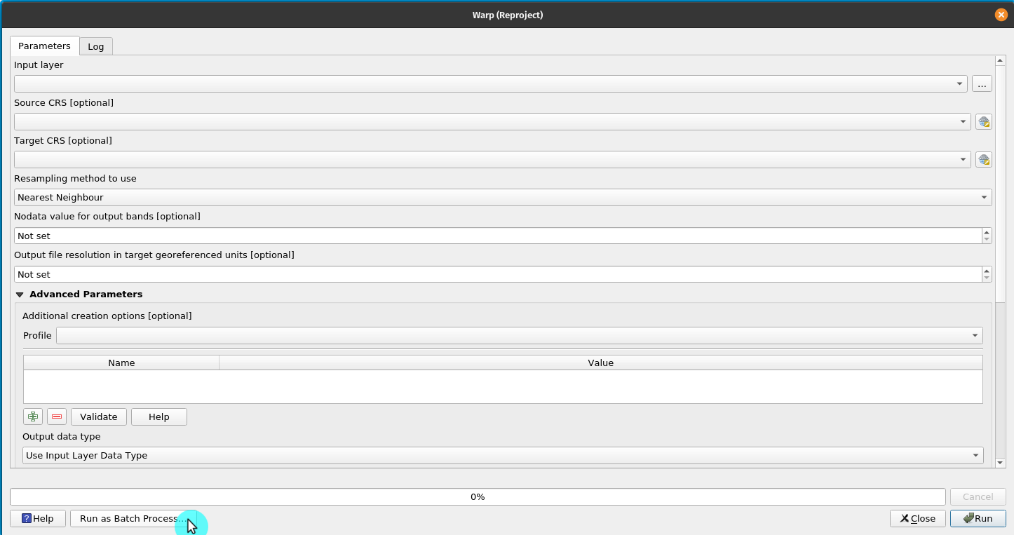 Batch processing tab on a QGIS functionality window