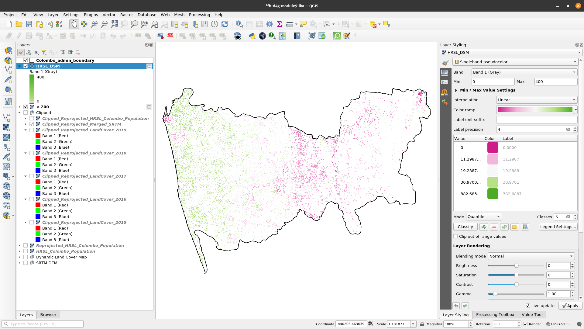 Distribution of population that lives below 200m in Colombo district, represented at a 30m resolution