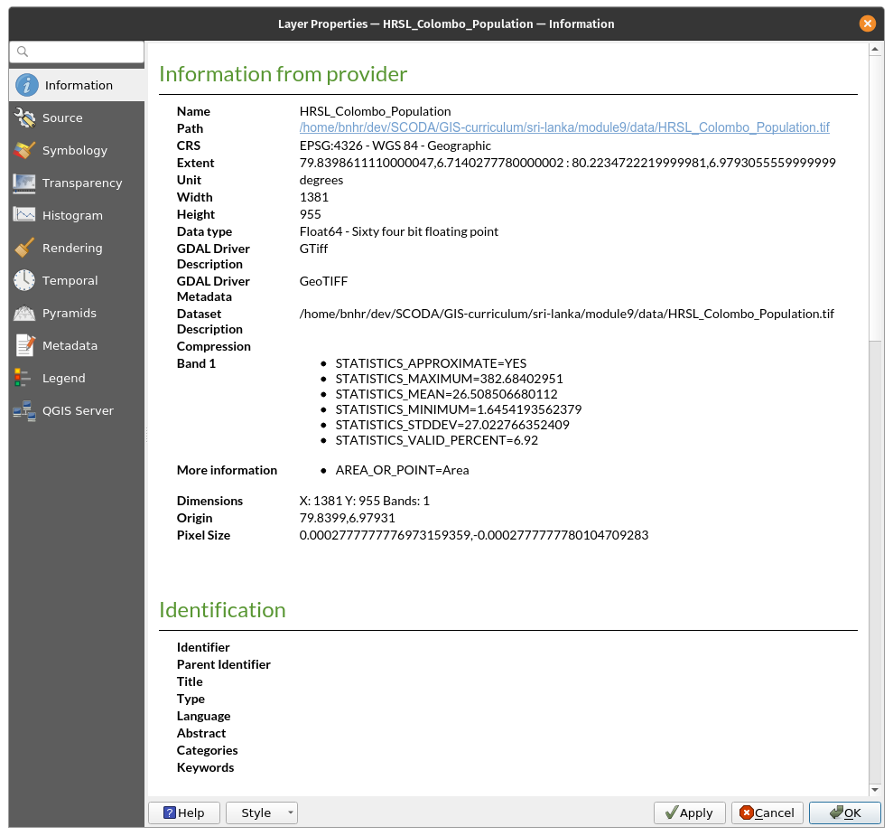 Extracting basic metadata from a raster layer