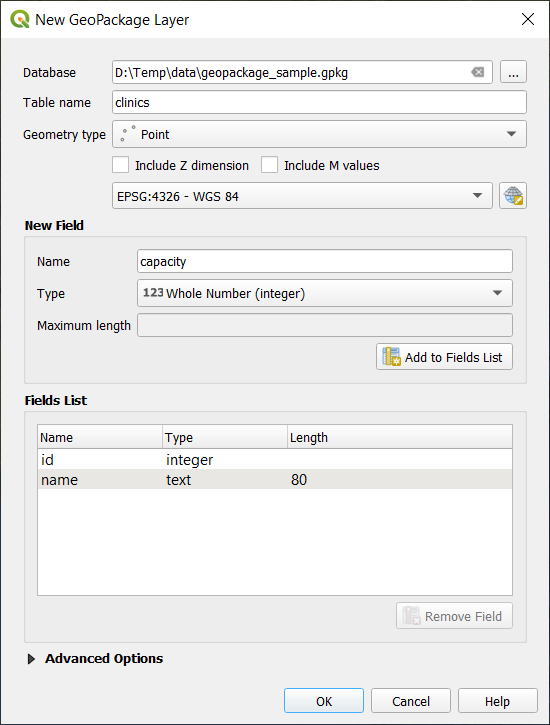 Giao diện New GeoPackage Layer