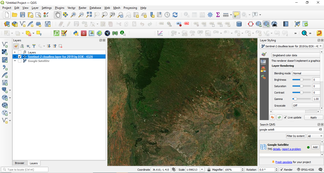 The EOX Sentinel-2 map from WMS loaded in QGIS