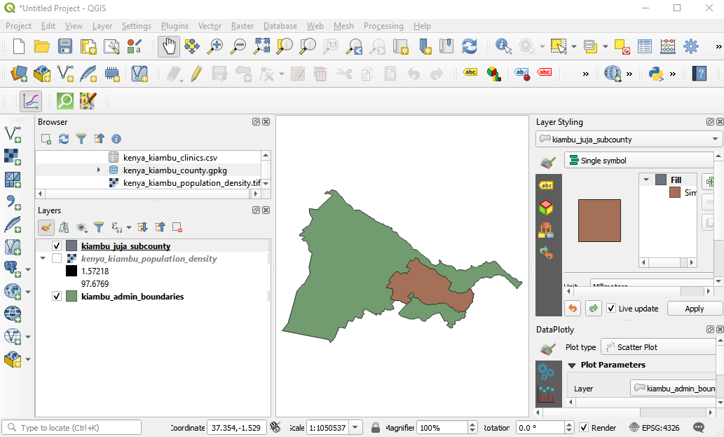 Kiambu layers loaded in QGIS