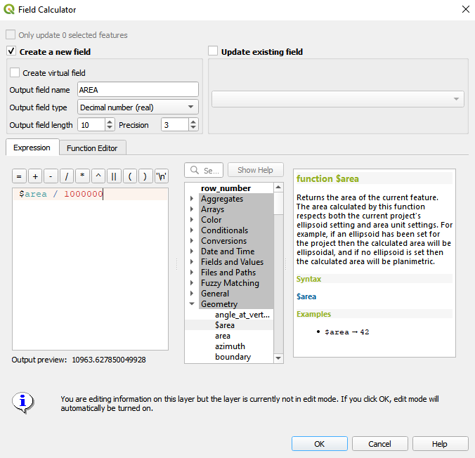 Field calculator dialogue