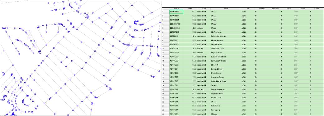 Vector lines representing streets and the associated attribute table