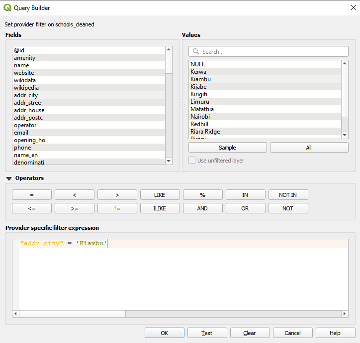 Filtering the schools layer to get all schools