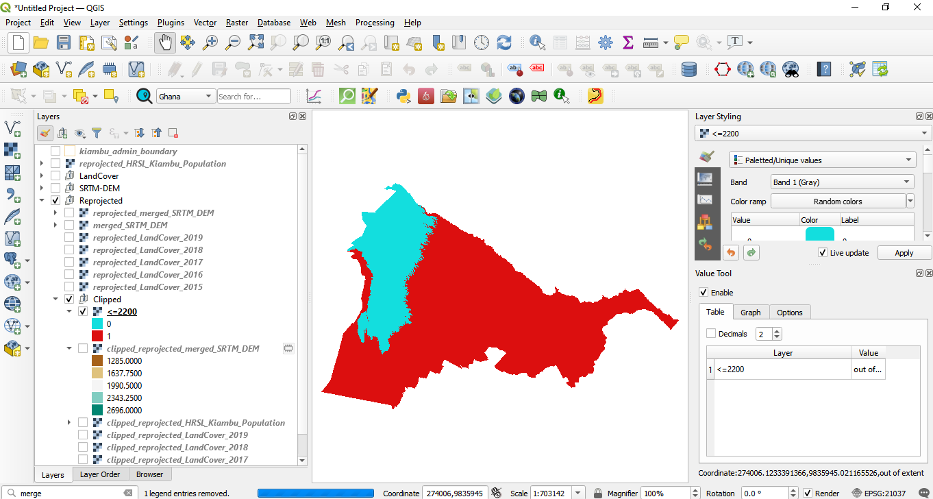 Spatial distribution of all pixels of value 1, meaning with altitude lower than 200 meters