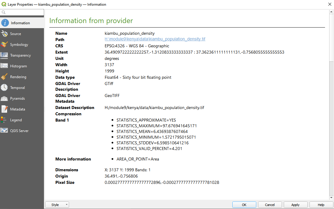 Extracting basic metadata from a raster layer