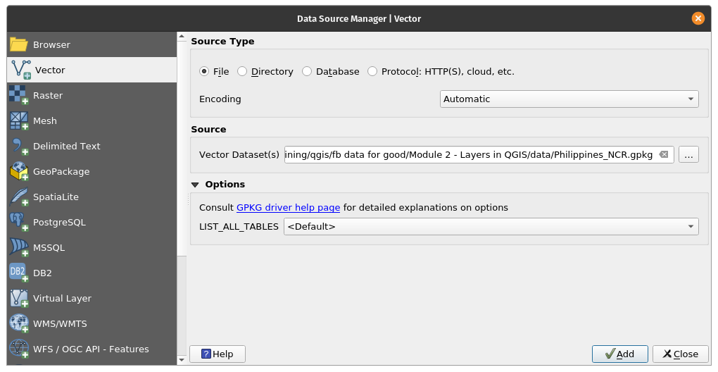 Loading a vector inside a GeoPackage Loading a vector inside a GeoPackage