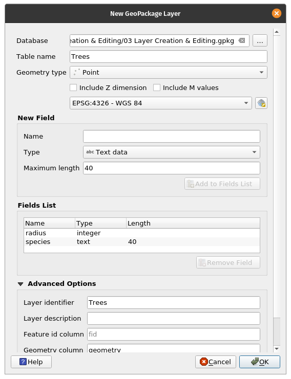 New GeoPackage Layer New GeoPackage Layer