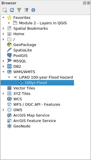 The LiPAD 100-year Flood Hazard WMS added in the Browser Panel The LiPAD 100-year Flood Hazard WMS added in the Browser Panel