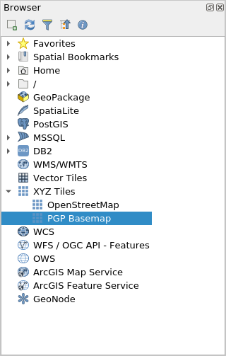 PGP Basemap Tile server added to the Browser Panel PGP Basemap Tile server added to the Browser Panel